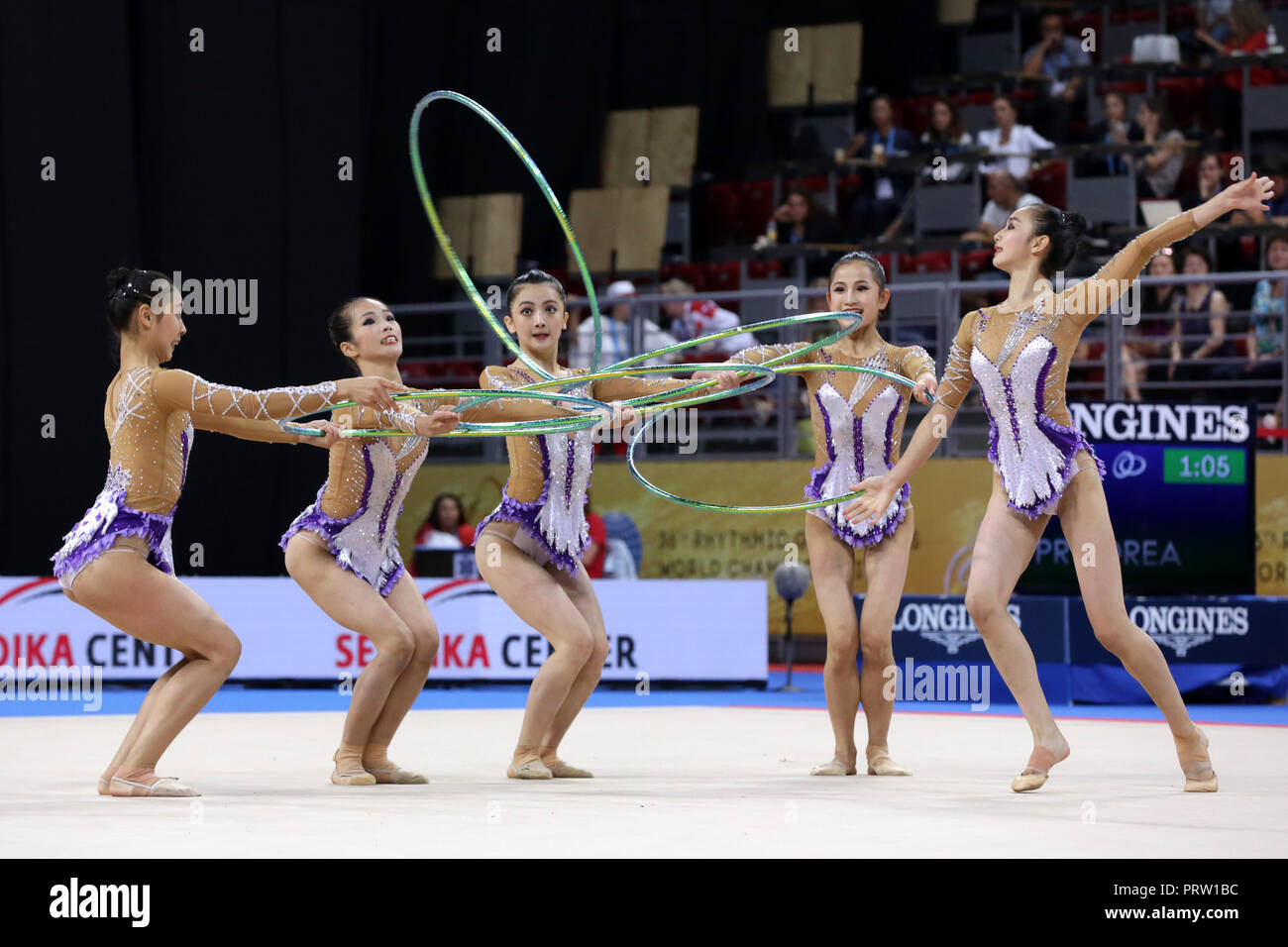 Sofia, Bulgaria - 15 September, 2018: Team Democratic People's Republic of Korea performs during The 2018 Rhythmic Gymnastics World Championships. Gro Stock Photo