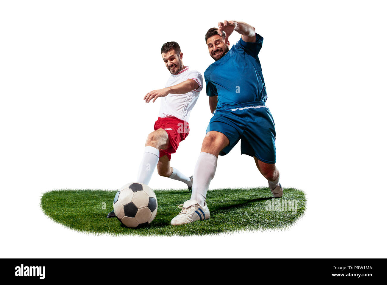 Free Stock Photo of Two footballers are fighting for the ball on the  football field