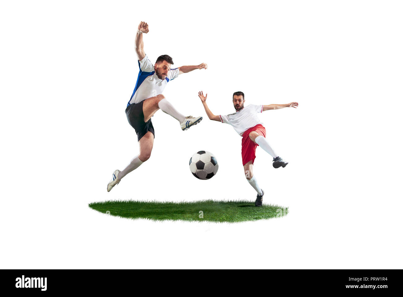 Football players tackling for the ball over white background