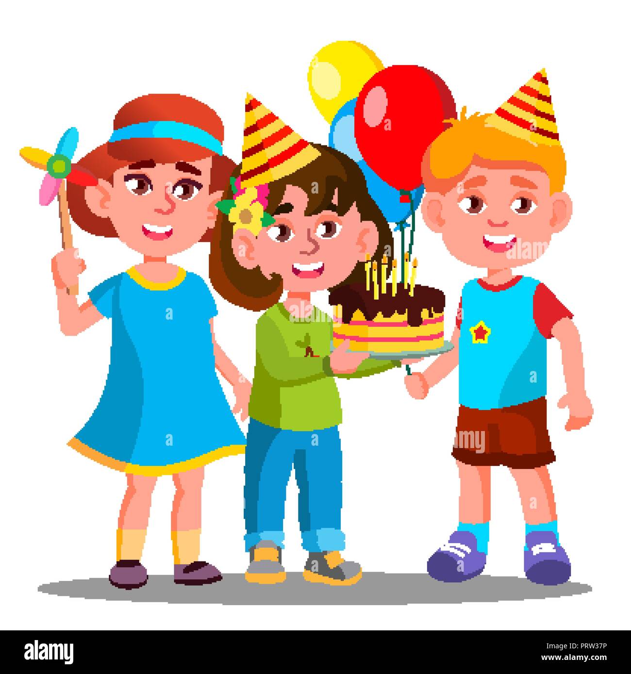 Group Of Happy Children Celebrating Birthday Together Vector Isolated