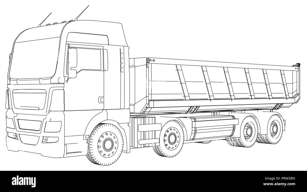 Semi-trailer dump truck sketch isolated on white background Stock Vector