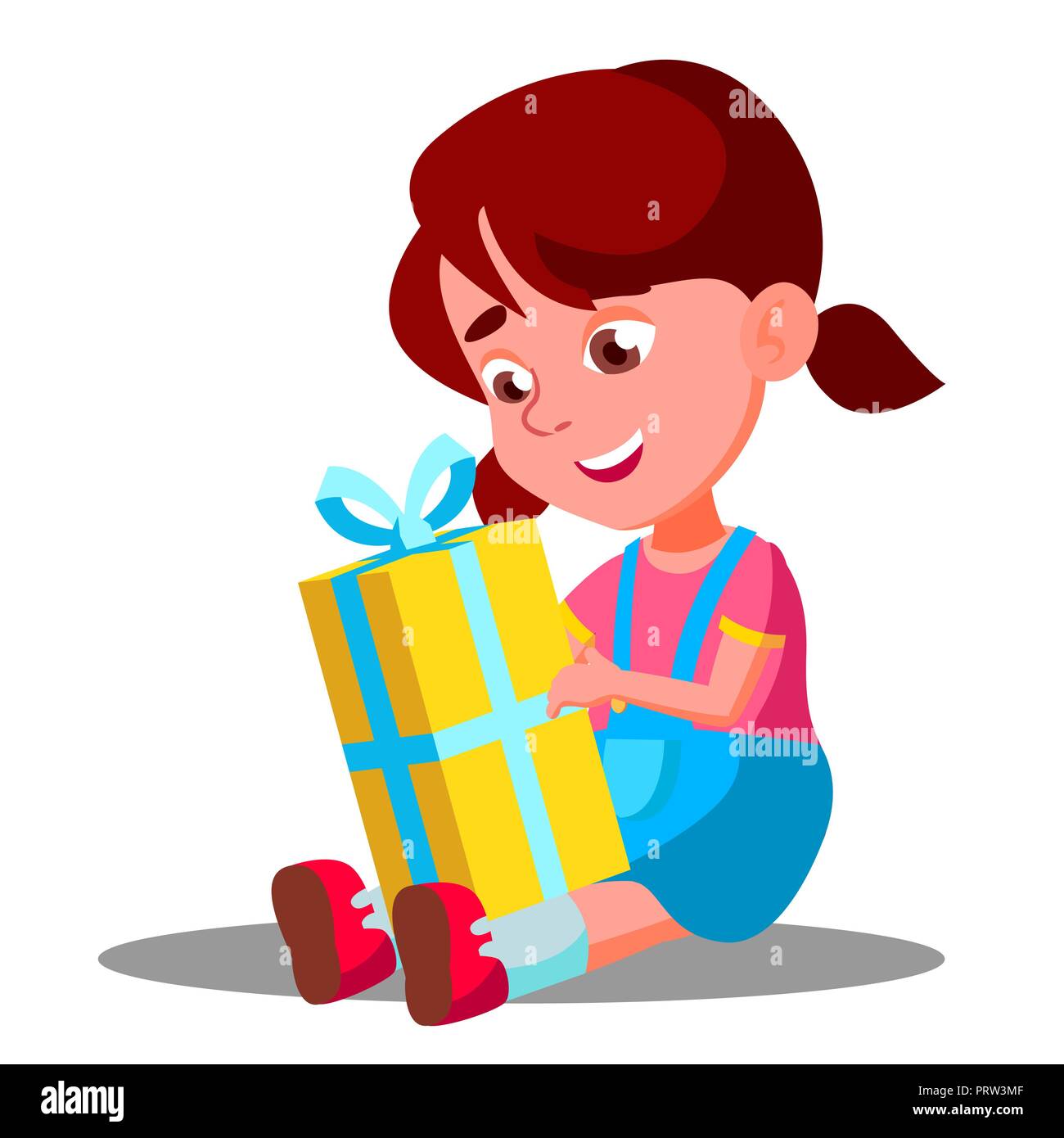 Little Girl Opening Gift Christmas Box Vector. Isolated Illustration Stock Vector
