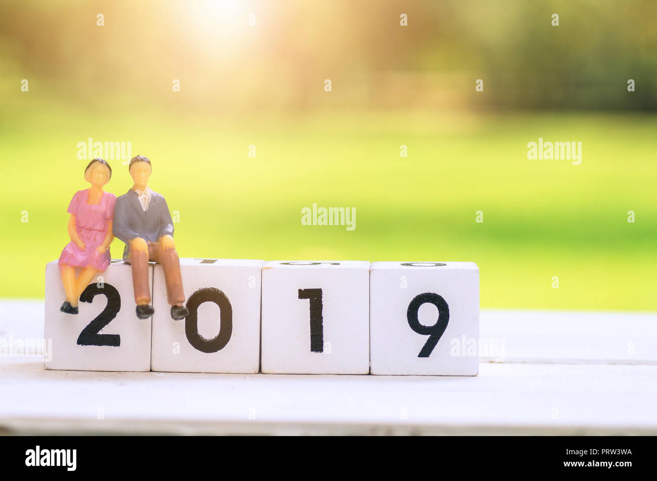 Love couple cartoon sitting on wood block with 2019, wife and husband talking and planing for New Year life Stock Photo