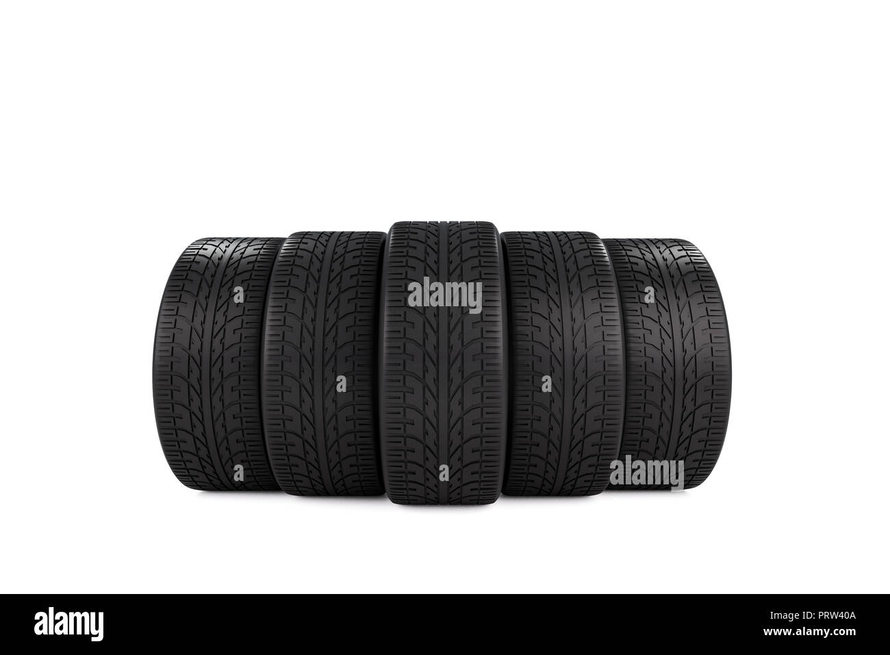Five automobile black rubber tires isolated on white background Stock