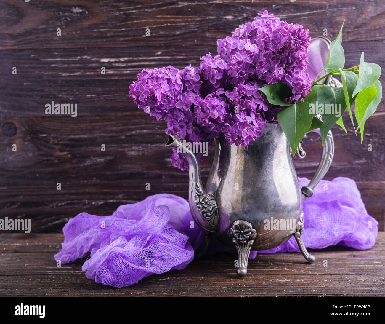 Bouquet of purple lilac flowers in vintage decorative teapot with purple dyed gauze fabric. Dark brown wooden background. Spring romantic flowers deco Stock Photo