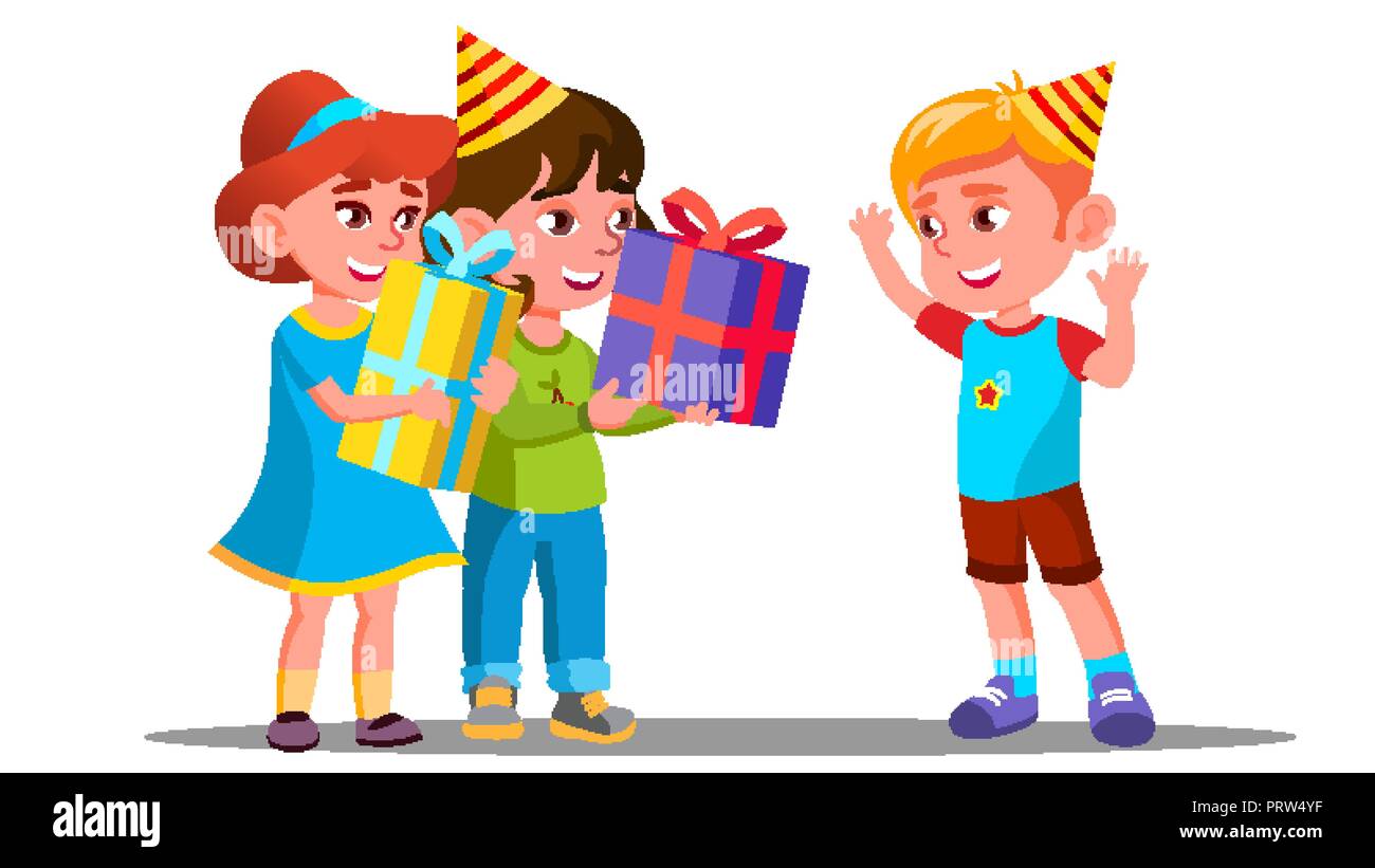 Children Give Birthday Gifts To A Friend Vector. Isolated Illustration  Stock Vector Image & Art - Alamy