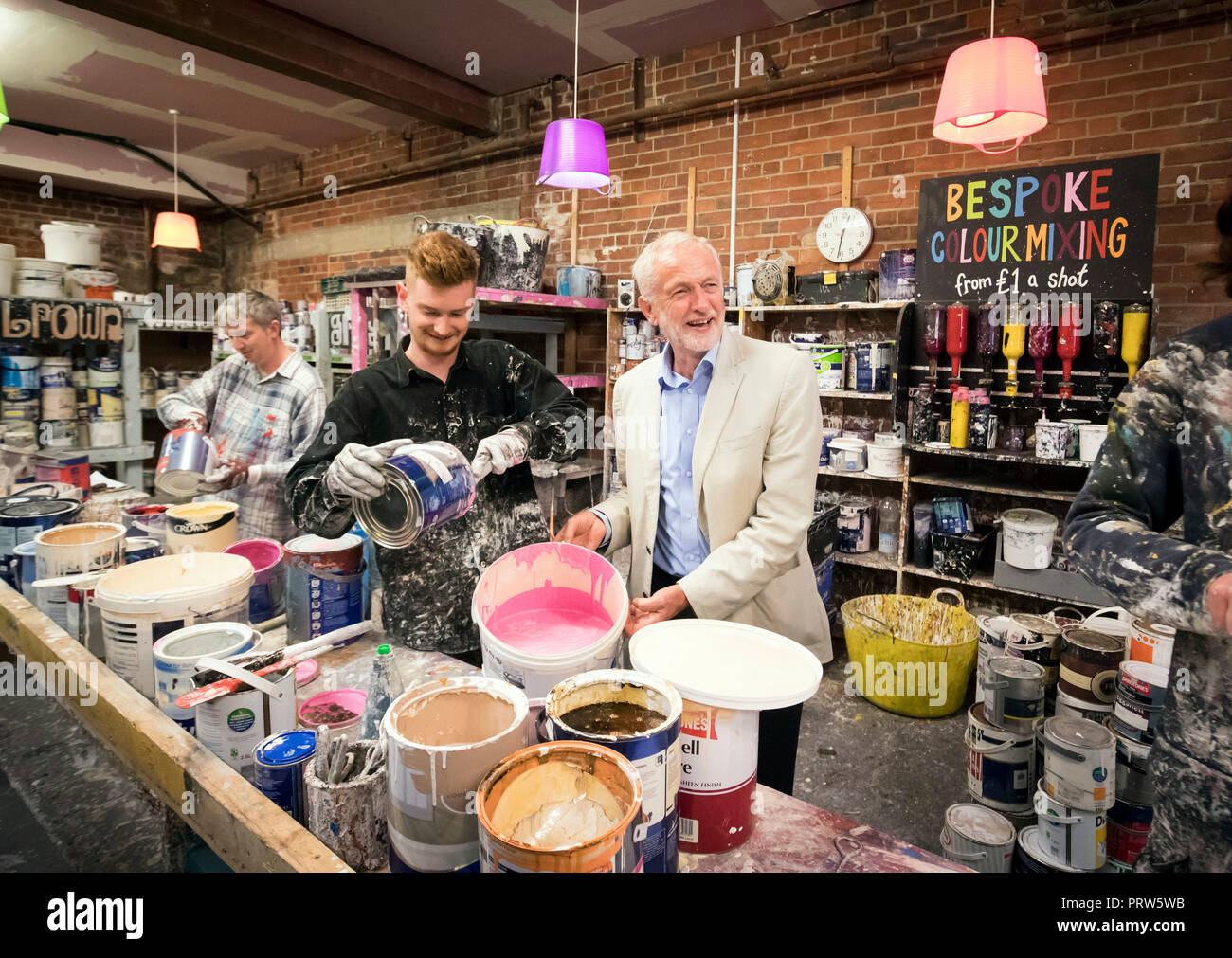 Labour leader Jeremy Corbyn during a visit to Seagulls Reuse in Leeds, which was damaged during the Boxing Day floods in 2015, as he supported the city's bid for more funding for flood defences to prevent any future disasters. Stock Photo