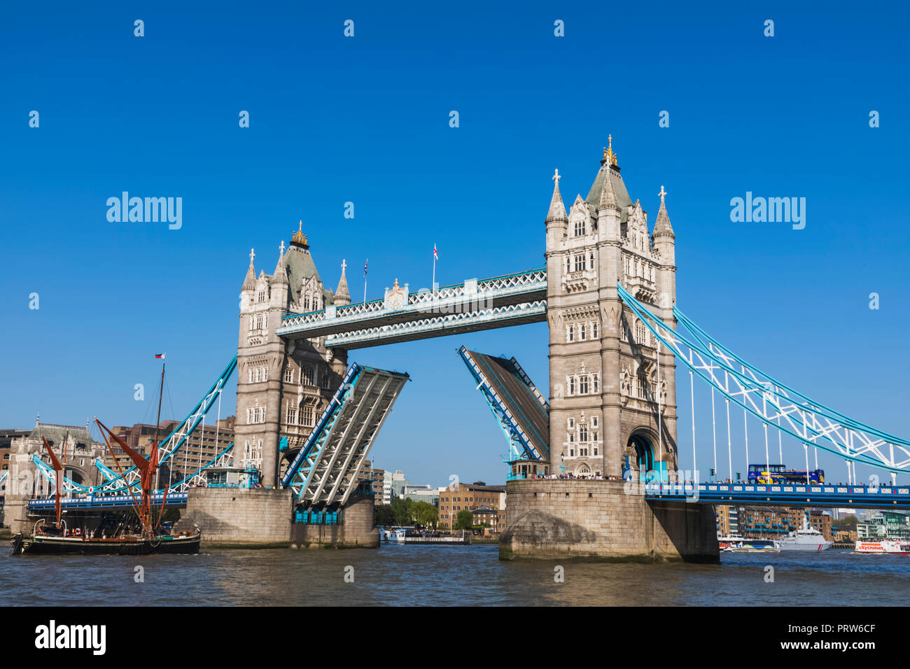 England, London, Sailing Barge Passing Through Tower Bridge Stock Photo