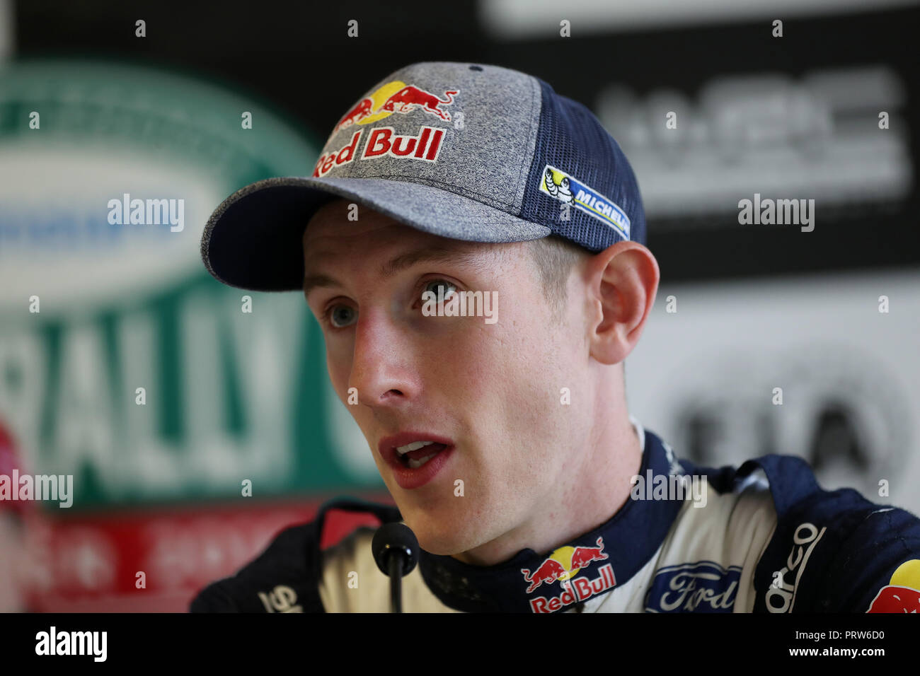 Elfyn Evans during a press conference during day one of the DayInsure Wales Rally GB. PRESS ASSOCIATION Photo. Picture date: Thursday October 4, 2018. See PA story AUTO Rally. Photo credit should read: David Davies/PA Wire. RESTRICTIONS: Editorial use only. Commercial use with prior consent from teams. Stock Photo