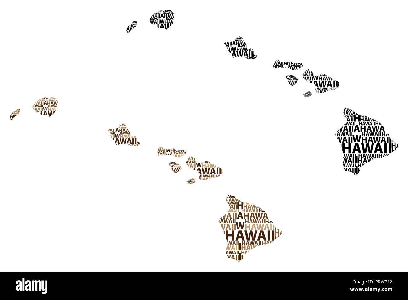 Sketch Hawaii (United States of America) letter text map, Hawaii map - in the shape of the continent, Map State of Hawaii - brown and black vector ill Stock Vector