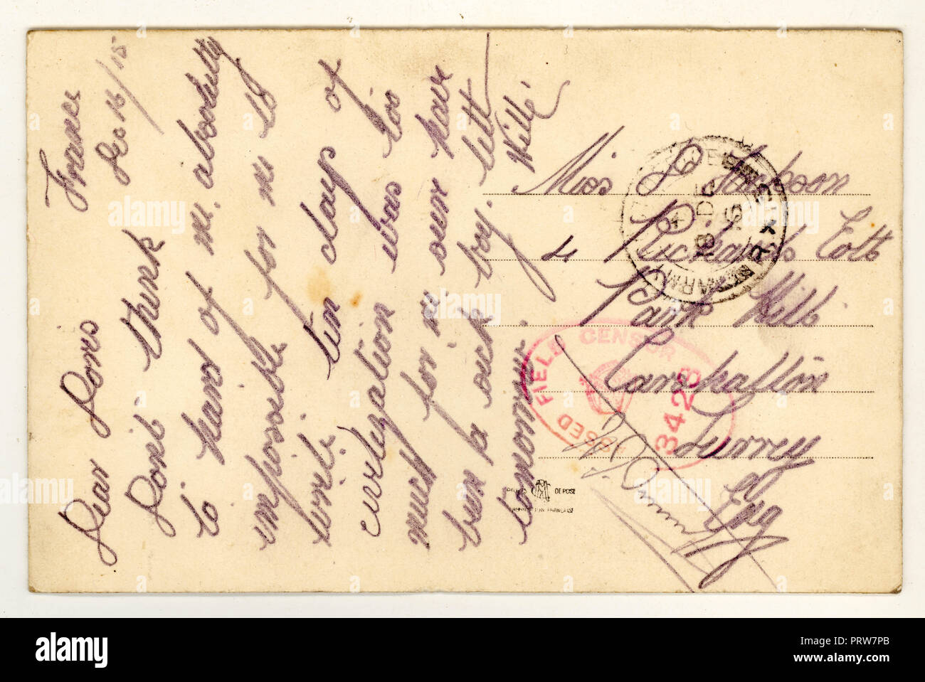 Reverse of WW1 (Great War) era postcard that has been censored, postmarked 18 Dec 1916, with a stamp that reads 'passed field censor' posted from France Stock Photo
