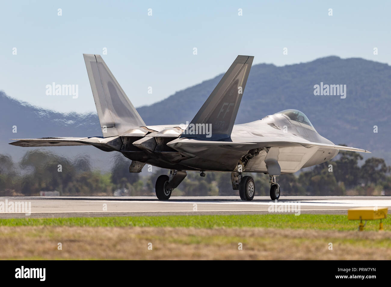 United States Air Force (USAF) Lockheed Martin F-22A Raptor fifth-generation, single-seat, twin-engine, stealth tactical fighter aircraft. Stock Photo