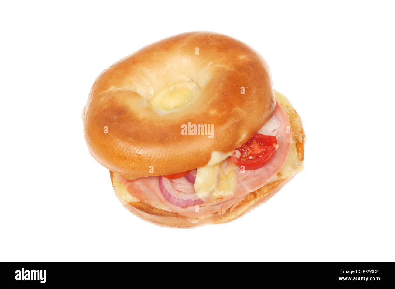 Toasted cheese, onion, tomato and ham bagel  isolated against white Stock Photo