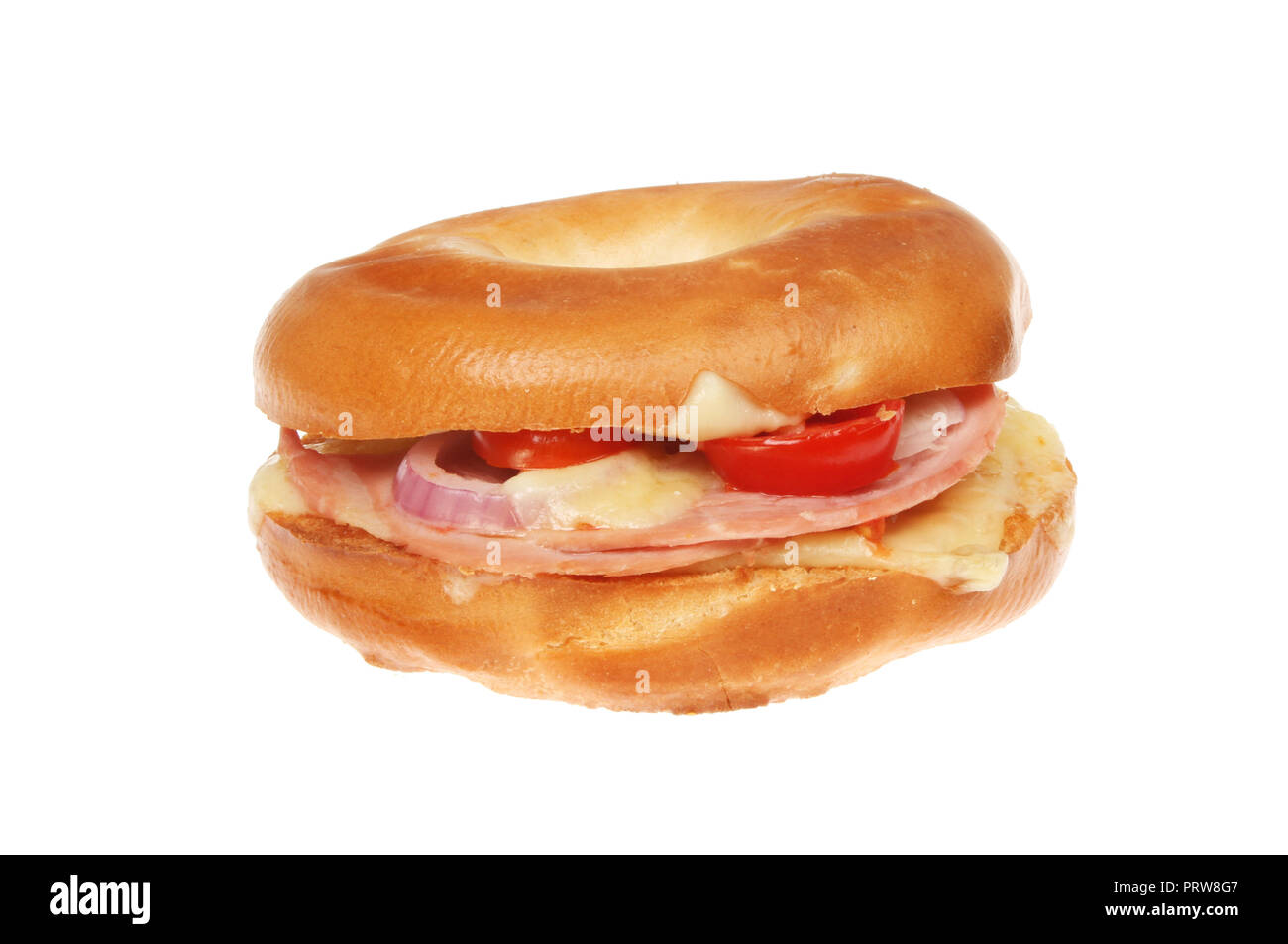 Toasted cheese, onion, tomato and ham bagel  isolated against white Stock Photo