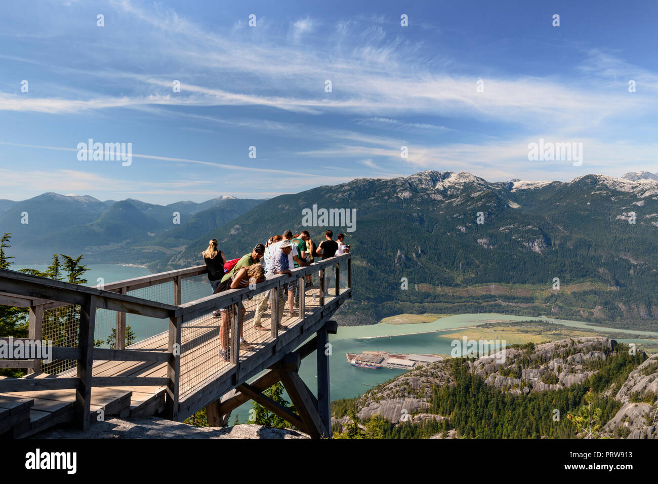 Panoramic view over Howe Sound from cantilevered viewing platform, Sea to Sky Gondola, Squamish Stock Photo
