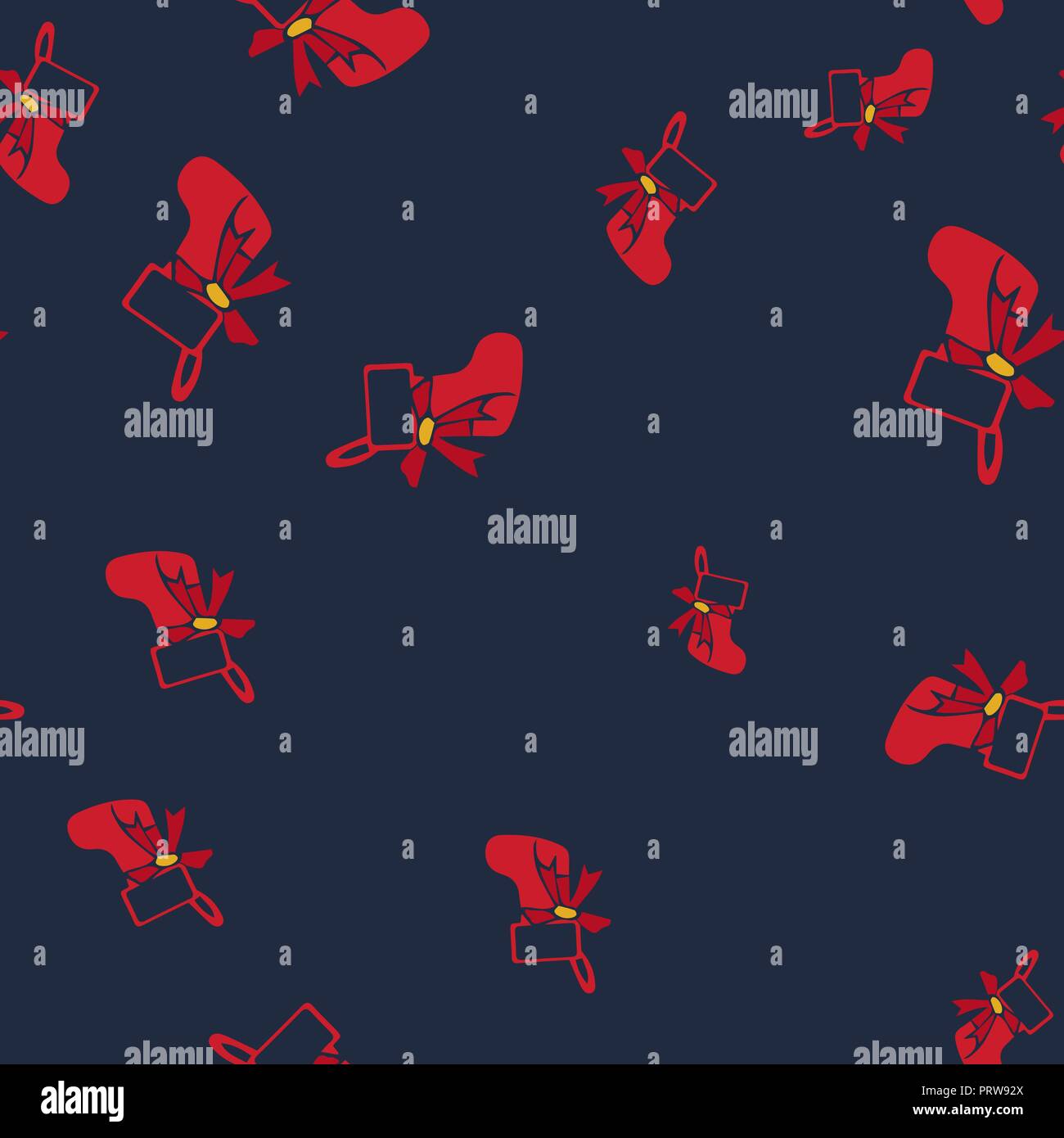 Red Christmas sock seamless pattern. Dark blue background. Vector illustration. Stock Vector
