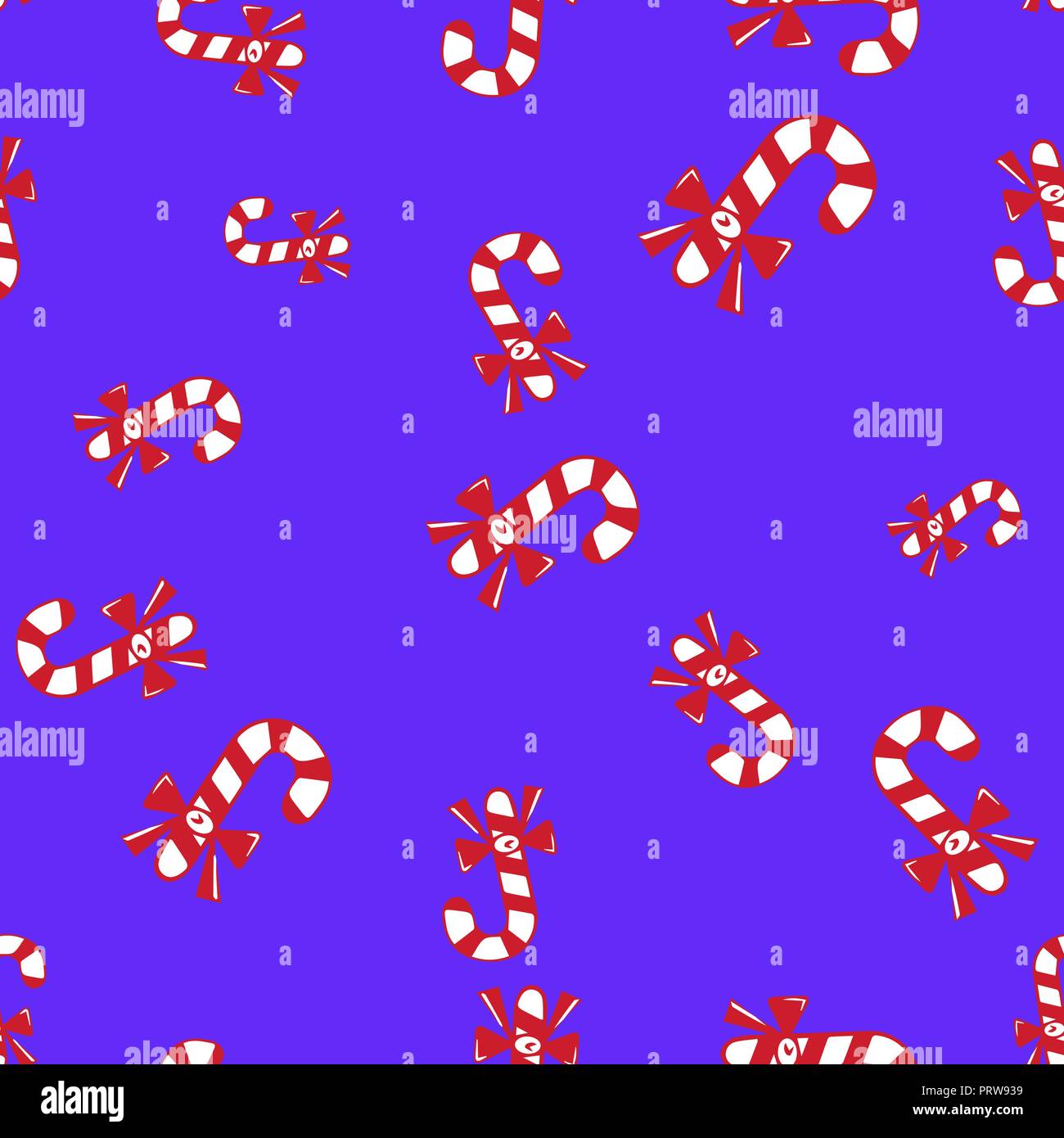 Christmas candy cane seamless pattern. Blue background. Vector illustration. Stock Vector