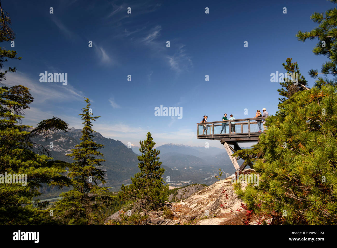 Cantilevered viewing platform providing a panoramic view over Howe Sound, Sea to Sky Gondola, Sea to Sky Highway, Squamish Stock Photo