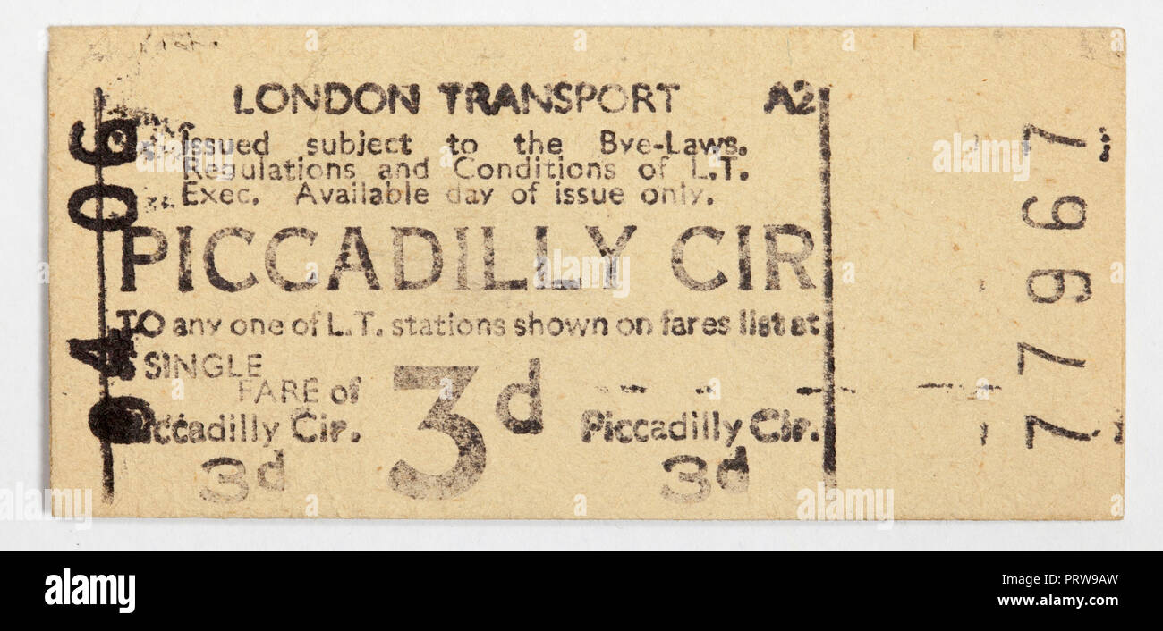 Vintage 1950s London Underground Ticket - Piccadilly Circus Station Stock Photo