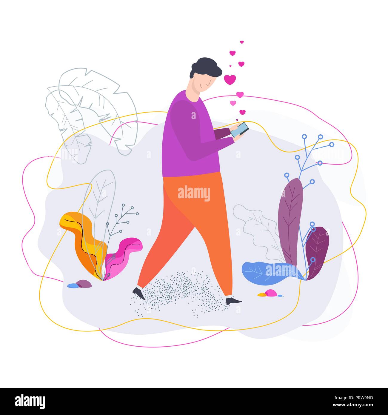Young man with smartphone communicates in dating chat. Stock Vector