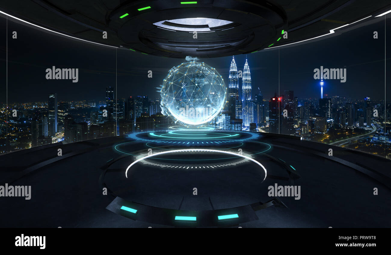 Futuristic interior design empty space room with virtual globe with connected dots wireless communication network on space and . Global business conce Stock Photo