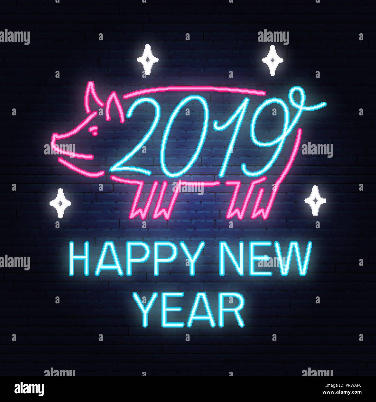 2019 happy new year neon sign with pig vector illustration for new