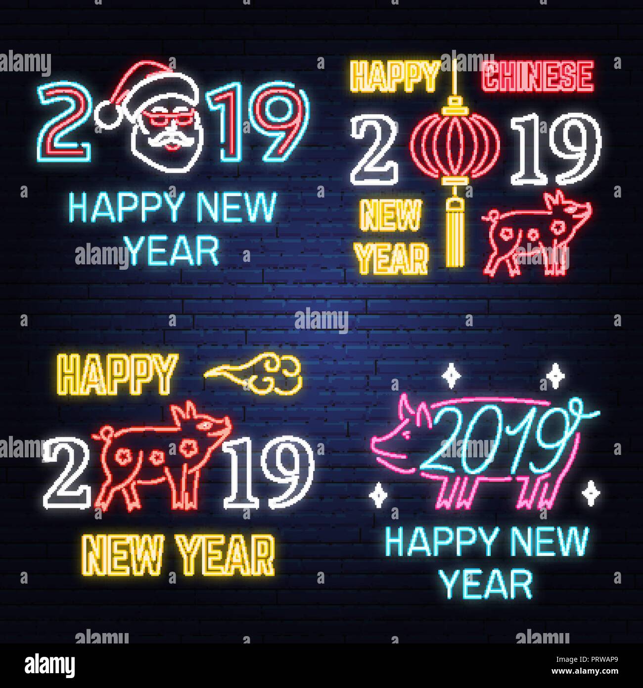 Set of 2019 Happy New Year Neon sign with Pig, Santa Claus lanterns. Vector Illustration. For New 2019 Year Design greeting card, flyer, poster, website template. Neon sign for banner or advertisement Stock Vector