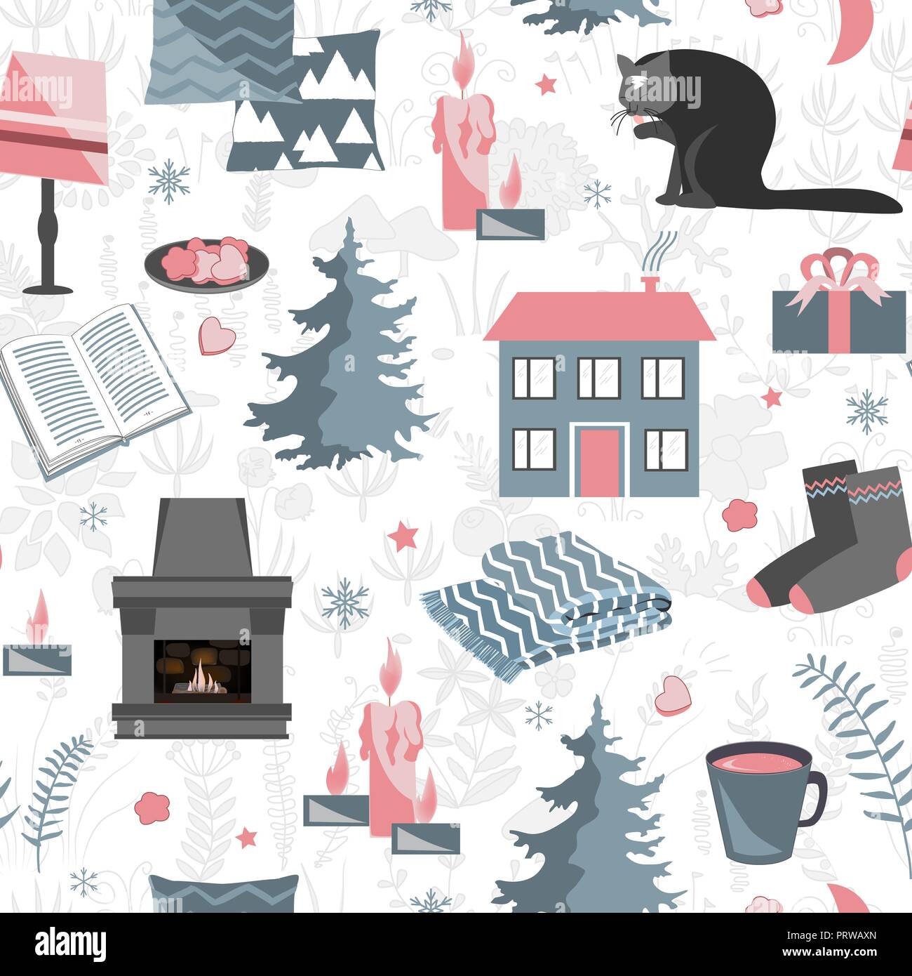 Hygge seamless pattern. Vector illustration with forest plants and cozy home things Stock Vector