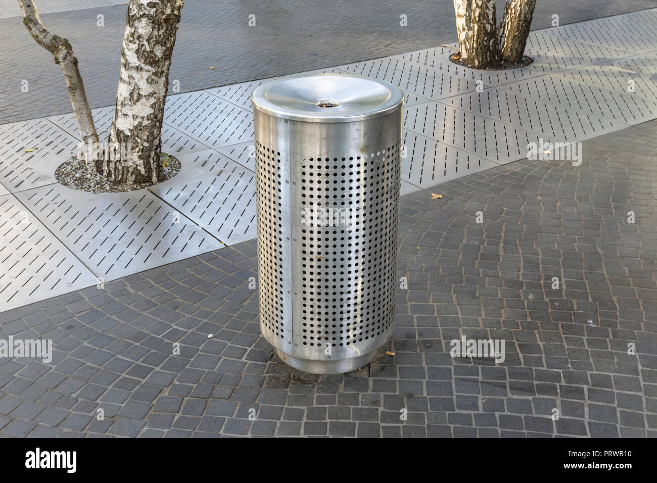 Berlin, Germany, September 29, 2018:  Metal Dustbin on Public Place Stock Photo