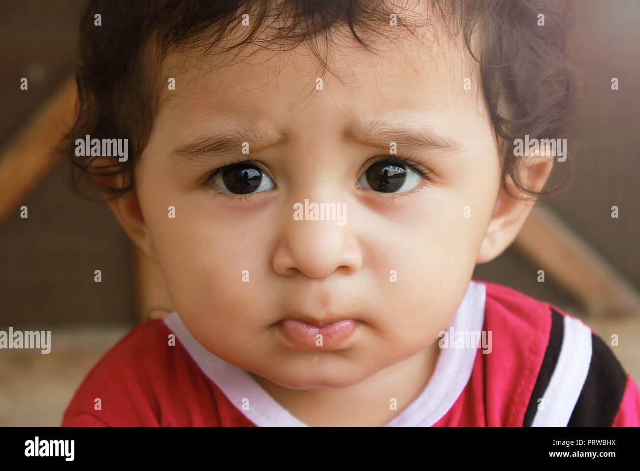 Closeup up portrait headshot suspicious, cautious child boy looking at the camera. disbelief, skepticism isolated grey wall background. Stock Photo