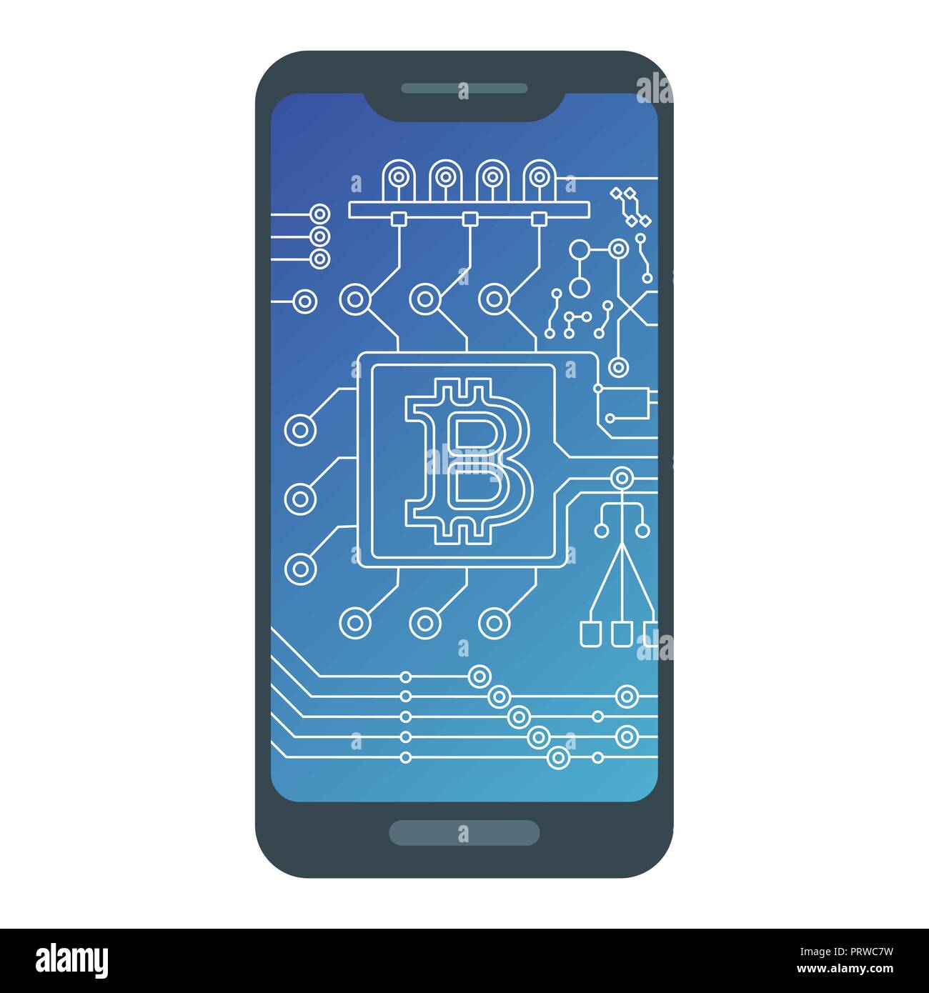 Bitcoin sign with computer chip on smartphone screen Stock Vector