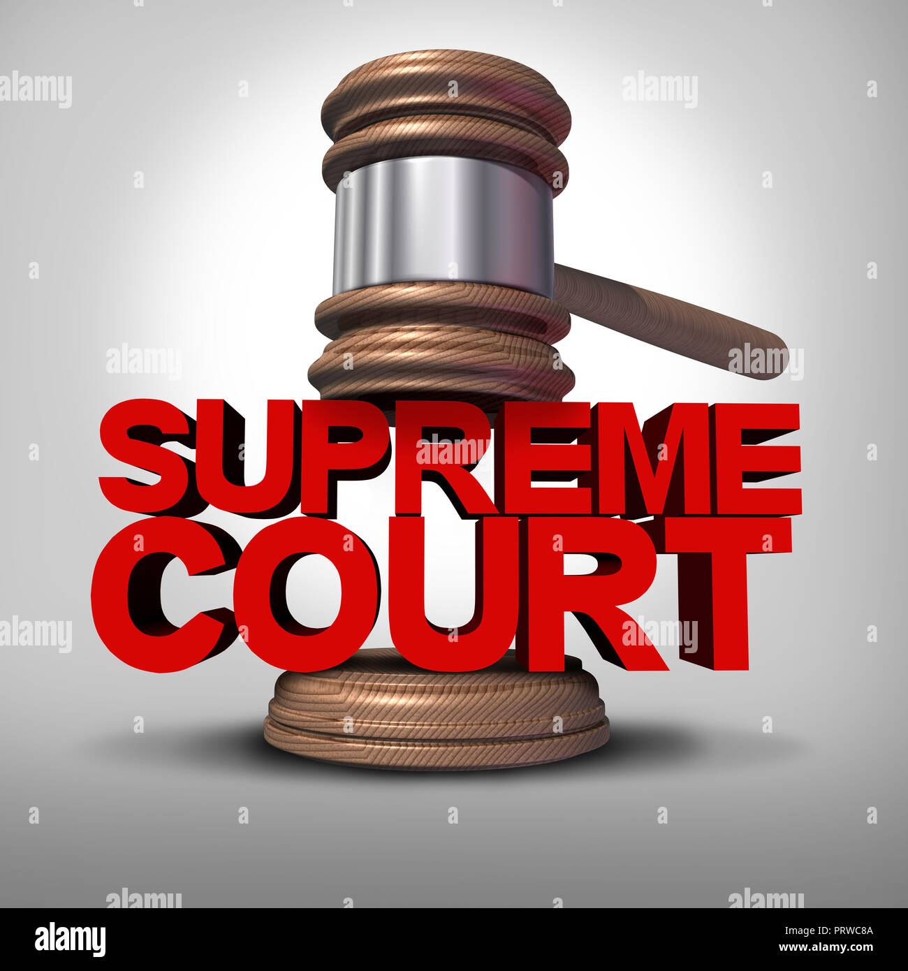 Supreme court symbol as a government law symbol as a justice judge gavel on text as a 3D illustration. Stock Photo
