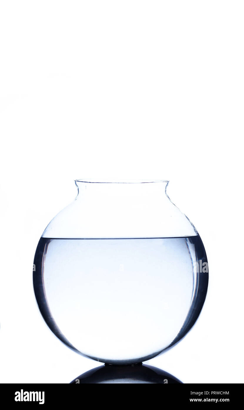 Empty fish bowl with blue water isolated on white Stock Photo