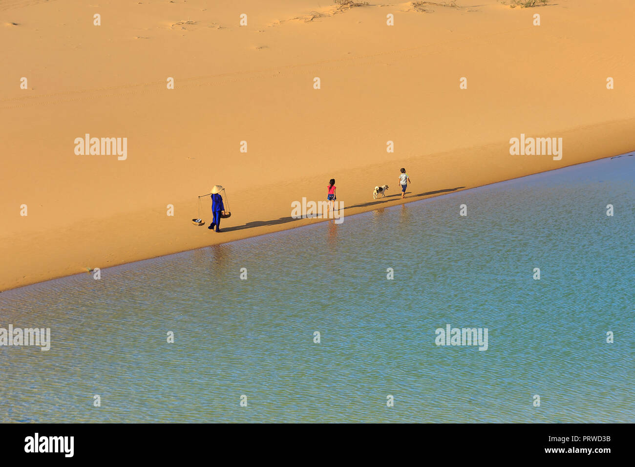 woman carries a bamboo frame on the shoulder and two children walking ...