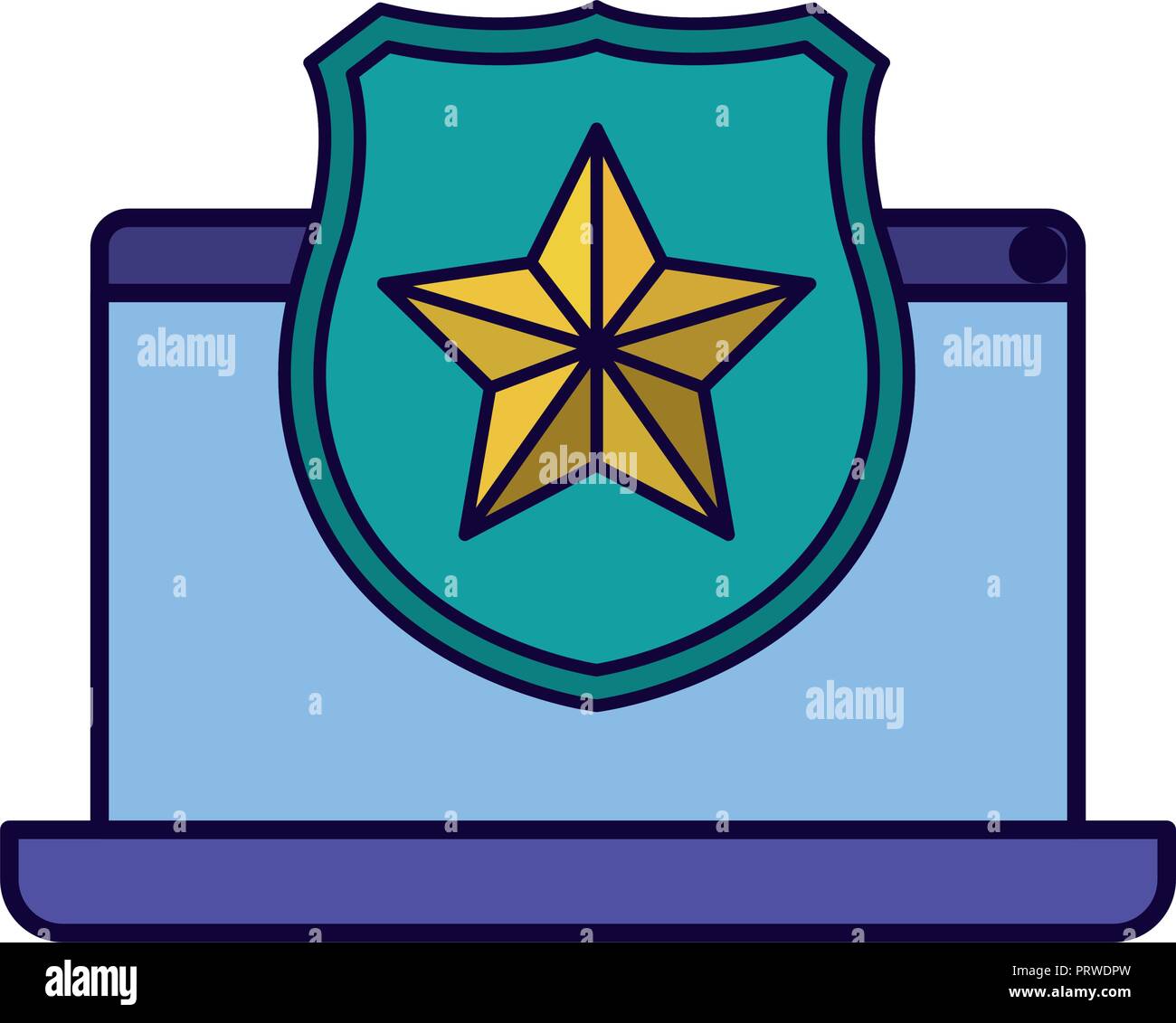 latop screen with open shield and star icon isolated stock vector
