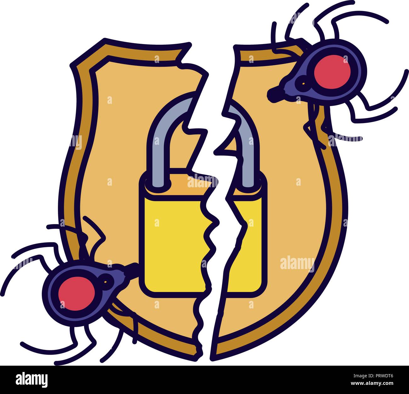 broken shield with padlock isolated icons Stock Vector