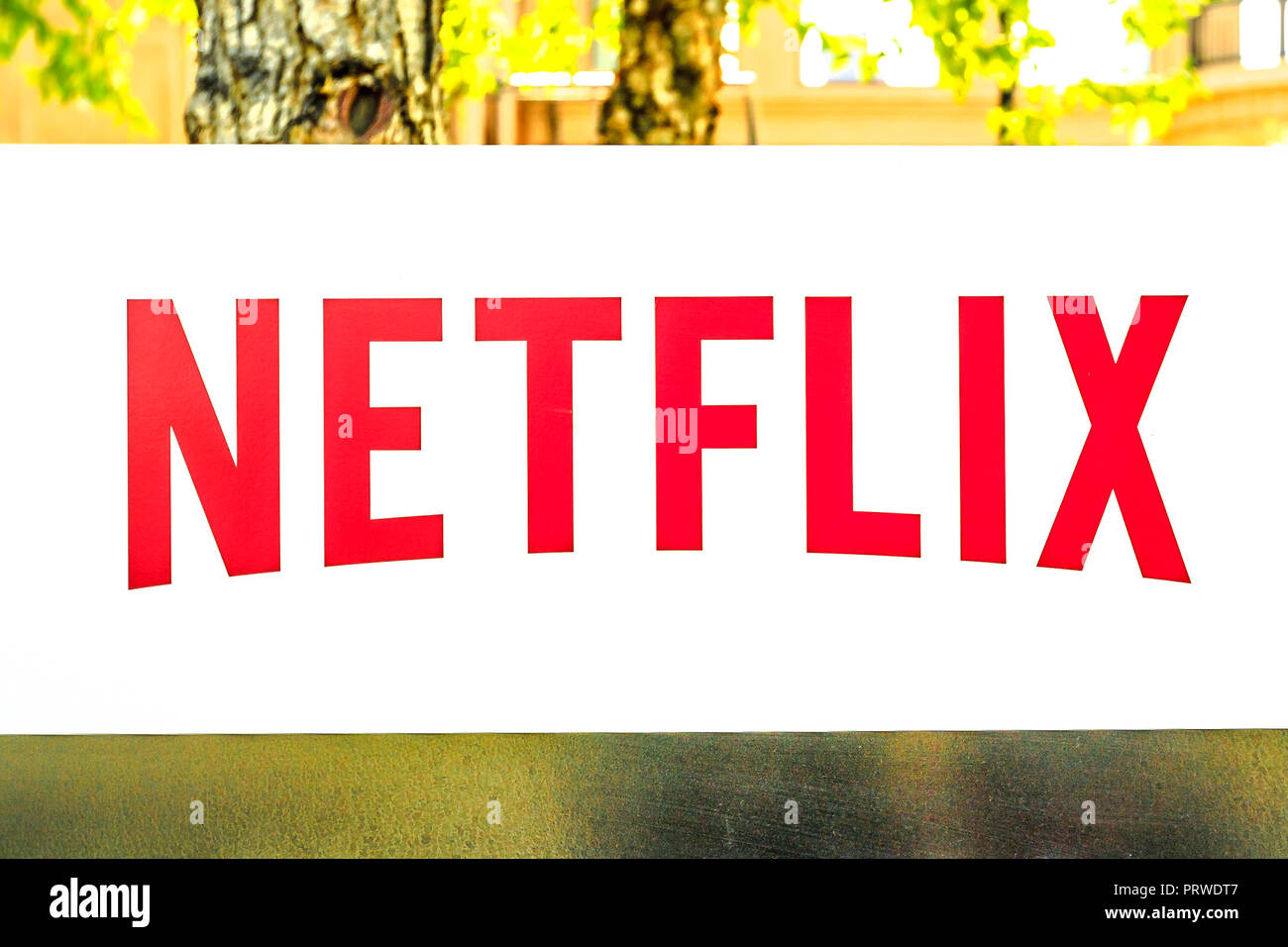 Los Gatos, California, United States - August 12, 2018: Netflix Logo isolated from the sign of headquarters building in Silicon Valley. Netflix entertainment service provider for movies and tv series Stock Photo