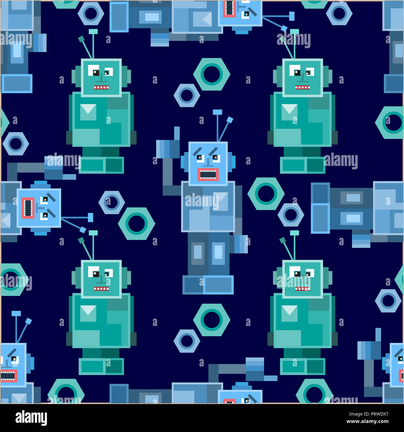 Colorful cartoon robots white background seamless pattern Stock Photo