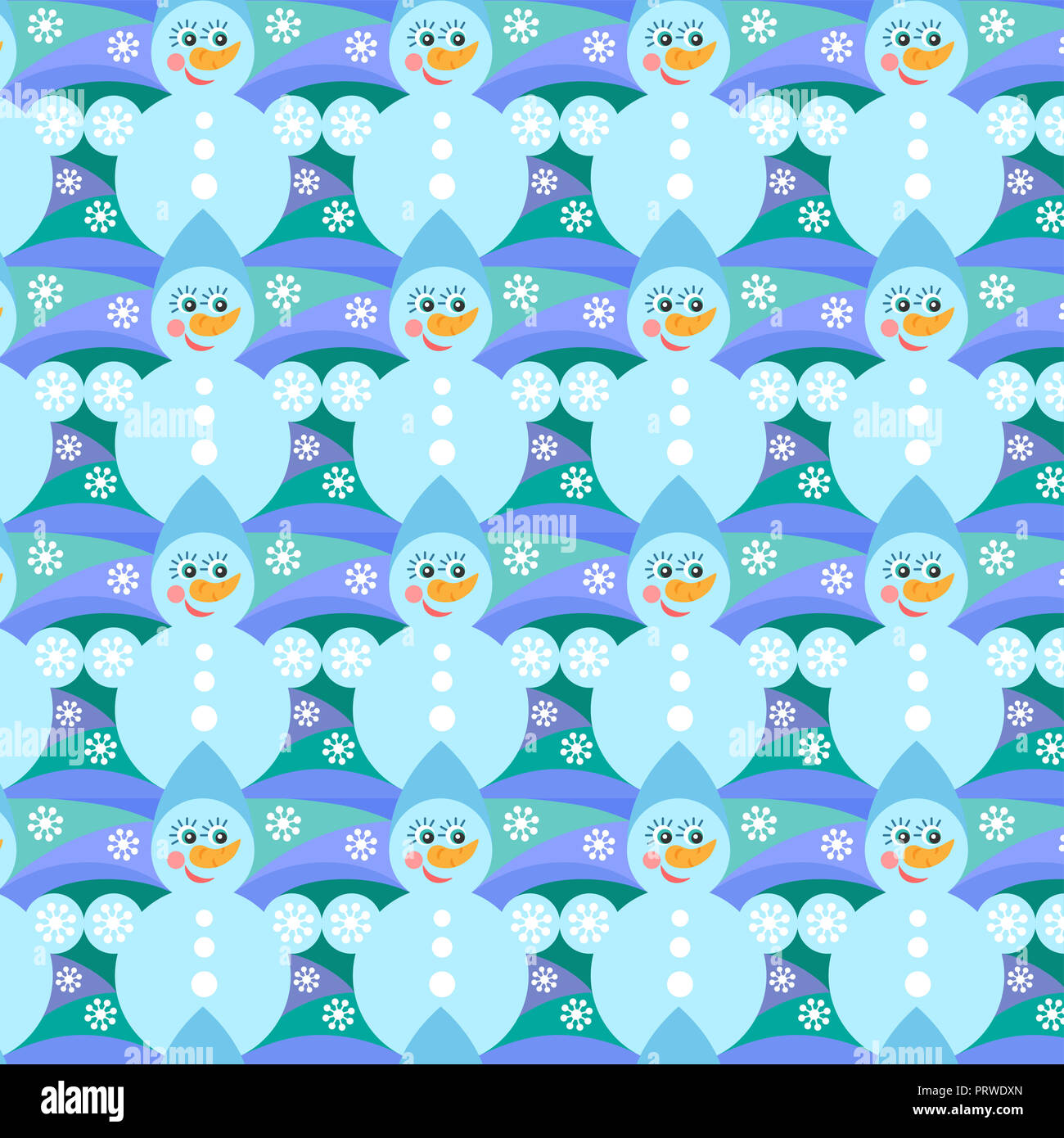 Christmas seamless pattern. Snowman and snowflakes on a blue background. Stock Photo