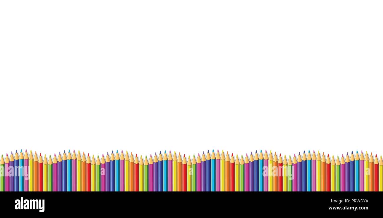 Colored pencils down line in shape of wave, multicolored border frame with empty copy space for