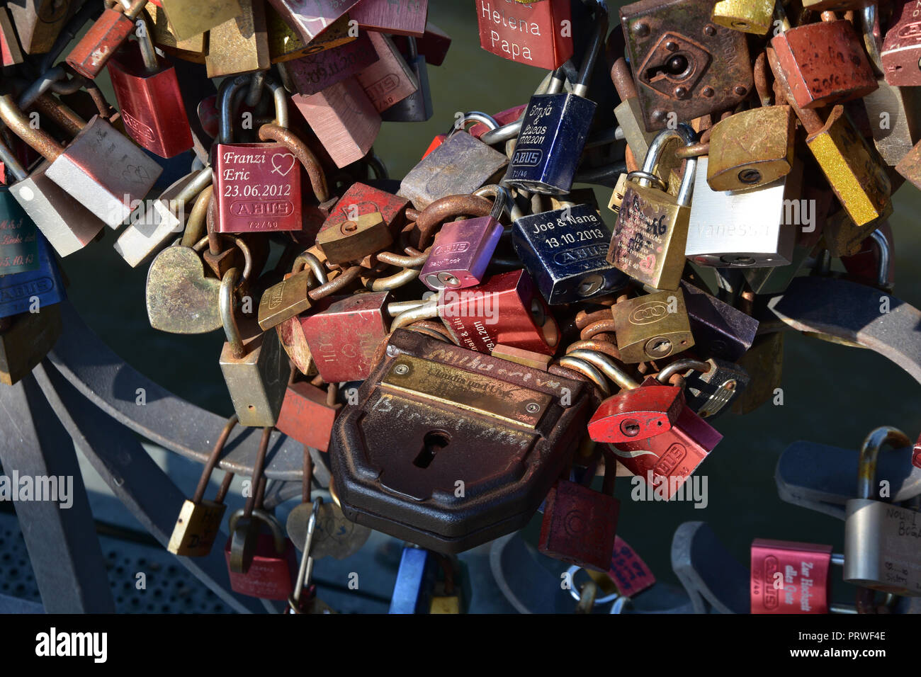 Close-up selective focus view of great number of padlocks with love vows Stock Photo