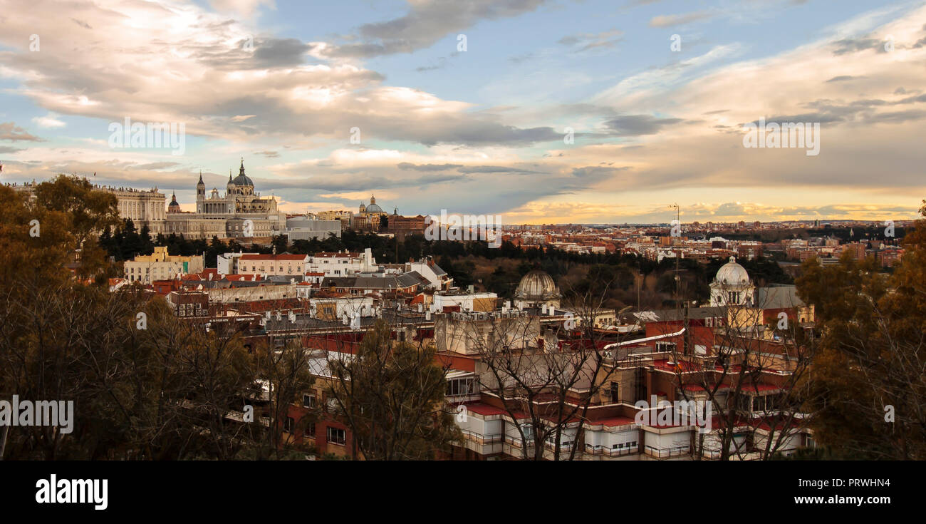 Panoramic view of the historical Almudena Cathedral and the Royal Palace (Palacio Real) in Madrid, Spain, Europe. European skyline. Stock Photo