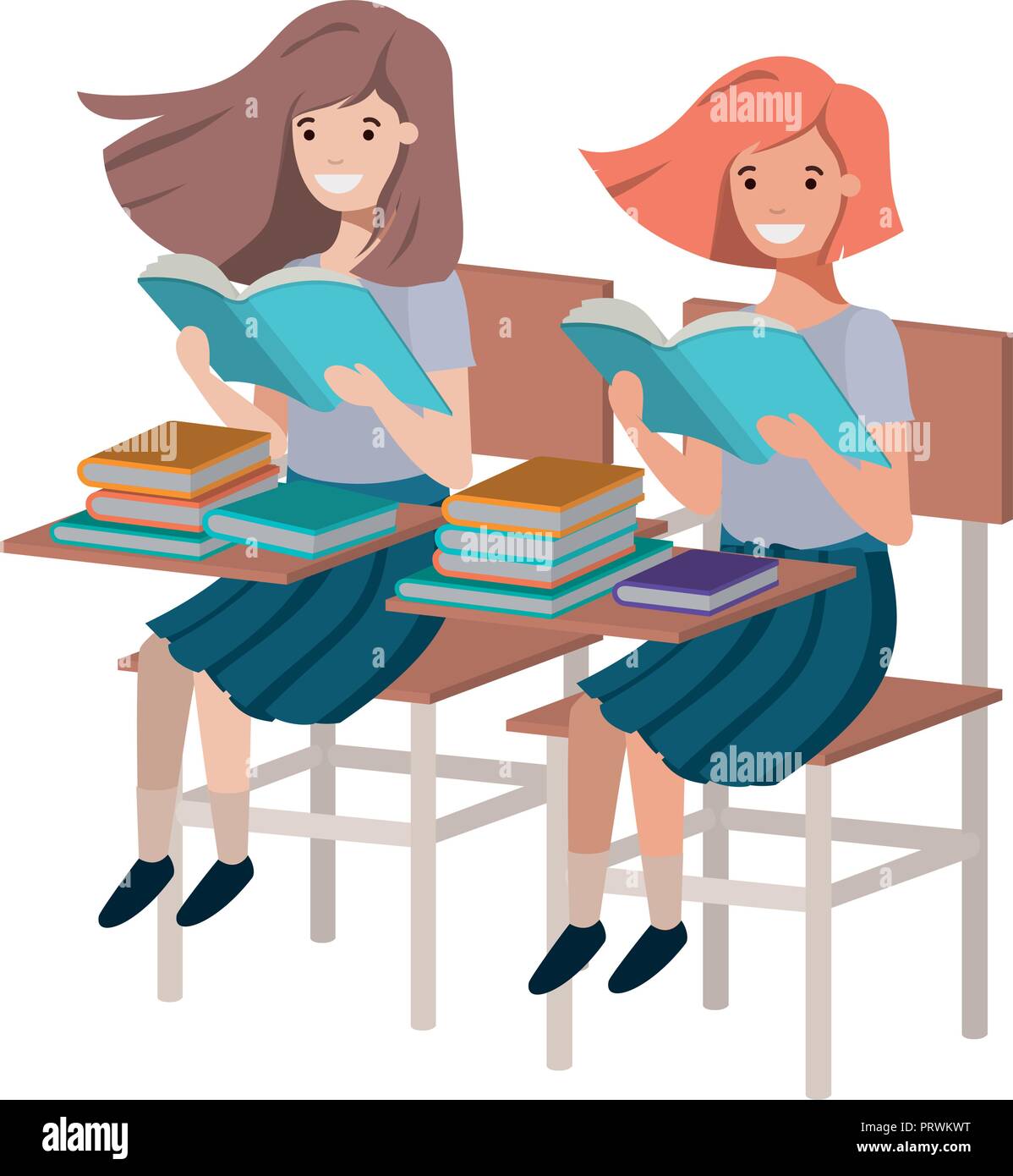 young student girls reading in school desk Stock Vector Image & Art - Alamy