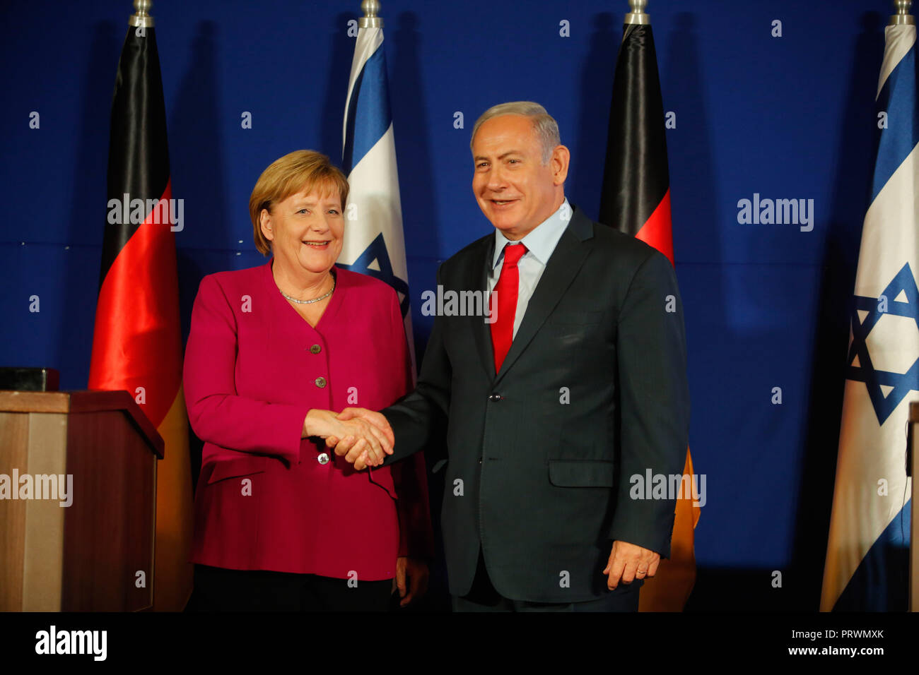 Jerusalem. 4th Oct, 2018. German Chancellor Angela Merkel (L) meets with Israeli Prime Minister Benjamin Netanyahu (R) in Jerusalem, on Oct. 4, 2018. Credit: Gil Cohen Magen/Xinhua/Alamy Live News Stock Photo