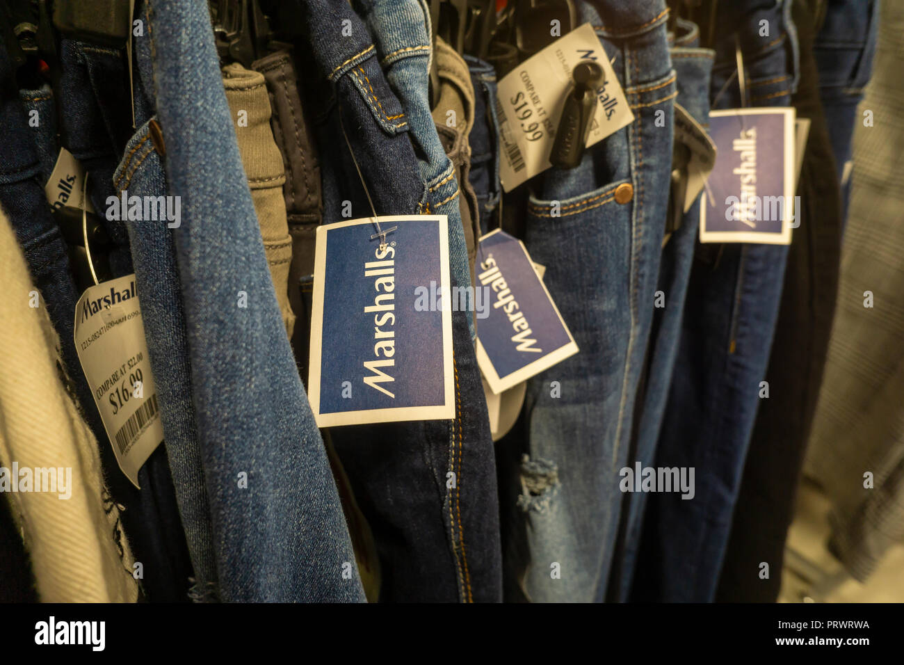 New York, USA. 4th October, 2018. Jeans in the brand new off-price Marshalls store in the Lower East Side neighborhood of in New York during it's grand opening on Thursday, October 4, 2018. Marshalls is a brand of the TJX Companies, parent of Marshalls, T. J. Maxx, HomeGoods and other brands. TJX Companies recently reported comps that grew 6% over year citing increased traffic in its Marmaxx division (Marshalls, TX Maxx). (Â© Richard B. Levine) Credit: Richard Levine/Alamy Live News Stock Photo