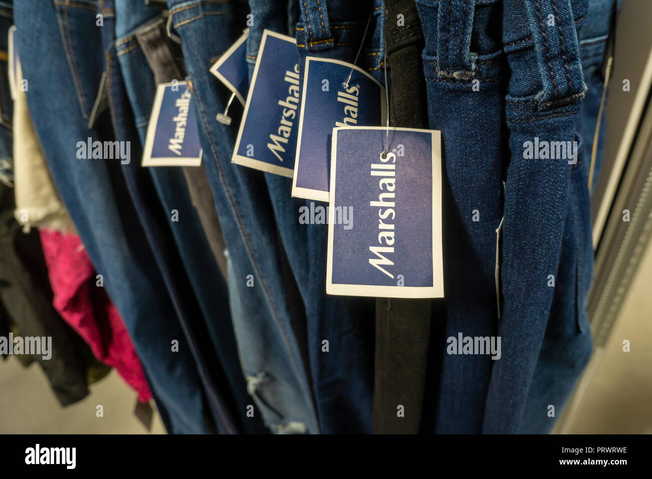 New York, USA. 4th October, 2018. Jeans in the brand new off-price Marshalls store in the Lower East Side neighborhood of in New York during it's grand opening on Thursday, October 4, 2018. Marshalls is a brand of the TJX Companies, parent of Marshalls, T. J. Maxx, HomeGoods and other brands. TJX Companies recently reported comps that grew 6% over year citing increased traffic in its Marmaxx division (Marshalls, TX Maxx). (Â© Richard B. Levine) Credit: Richard Levine/Alamy Live News Stock Photo