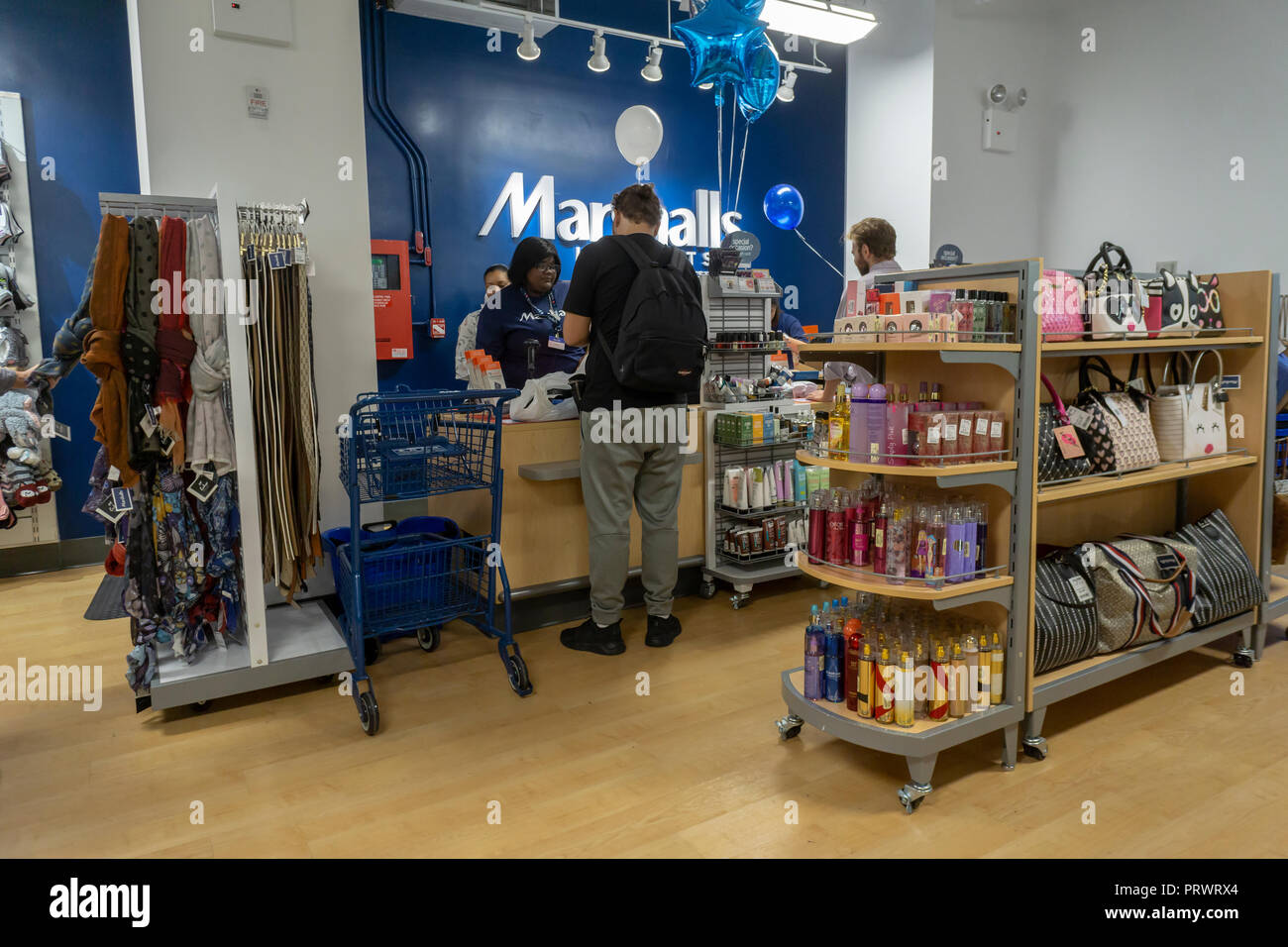 New York, USA. 4th October, 2018. Check-out in the brand new off-price Marshalls store in the Lower East Side neighborhood of in New York during it's grand opening on Thursday, October 4, 2018. Marshalls is a brand of the TJX Companies, parent of Marshalls, T. J. Maxx, HomeGoods and other brands. TJX Companies recently reported comps that grew 6% over year citing increased traffic in its Marmaxx division (Marshalls, TX Maxx). (Â© Richard B. Levine) Credit: Richard Levine/Alamy Live News Stock Photo
