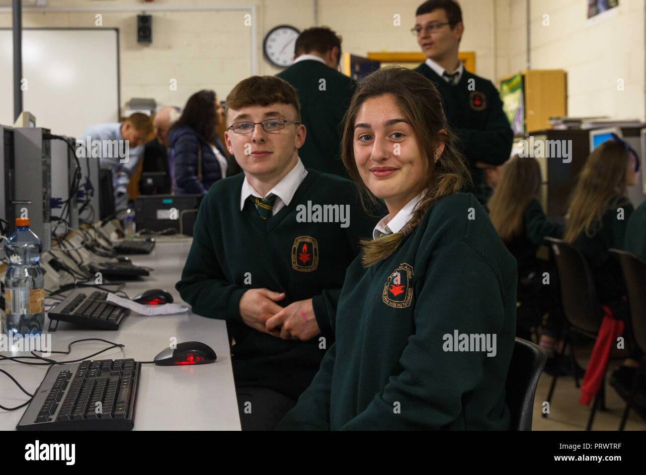 Cork, Ireland. 4th Oct, 2018.   St Aidans Open Night, Cork City. Pictured here is Patrick Lawlon and Kiana Lynch in the computer room. At 7pm this evening St Aidans Community College, Dublin Hill opened its door to give potential students and their families a glimpse into life in St Aidans. Parents and incoming students had a chance to see the various departments throughout the school which opened their doors to show what they had to offer the incoming students. Credit: Damian Coleman/ Alamy Live News. Stock Photo