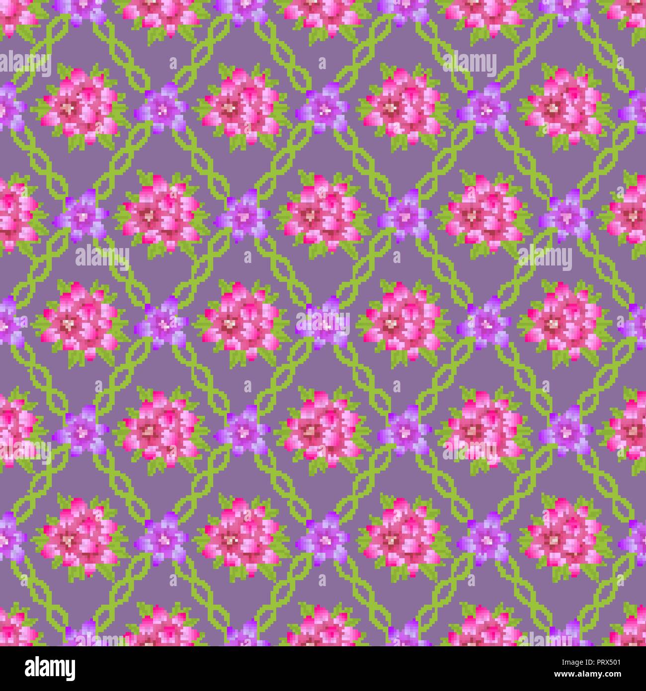 Seamless flower pattern from bright lilies and a grid in the form of rhombuses. A summer background from flowers. Vector illustration. Stock Vector