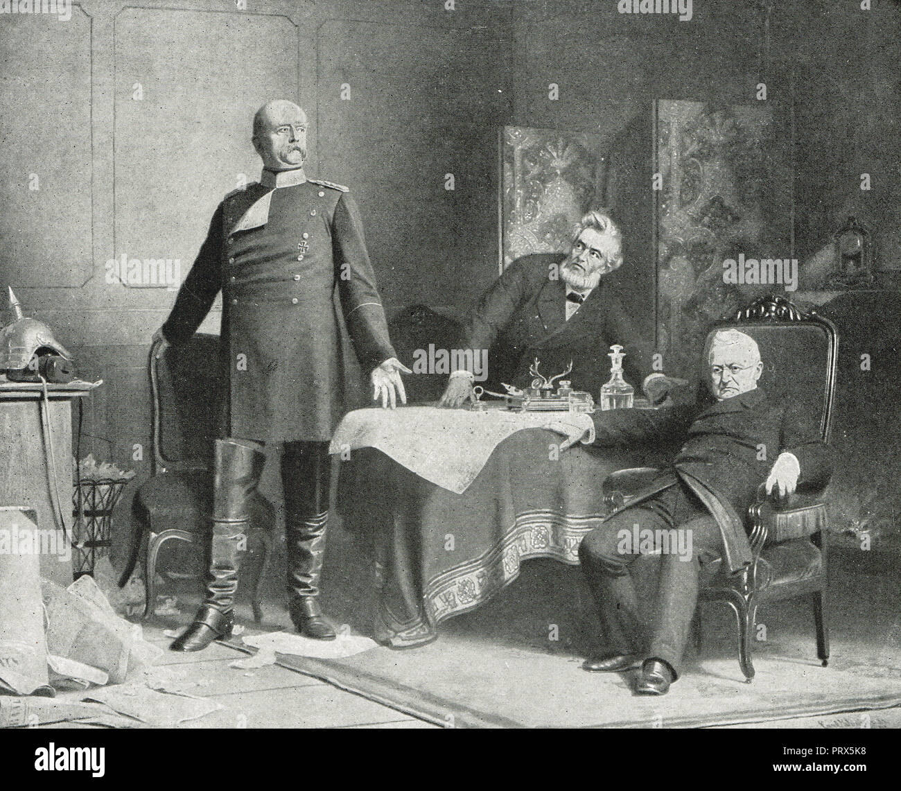 Otto von Bismarck, dictating the terms of peace to Adolphe Thiers and Jules Favre, Versailles, February 1871.  At the end of the Franco-Prussian War Stock Photo